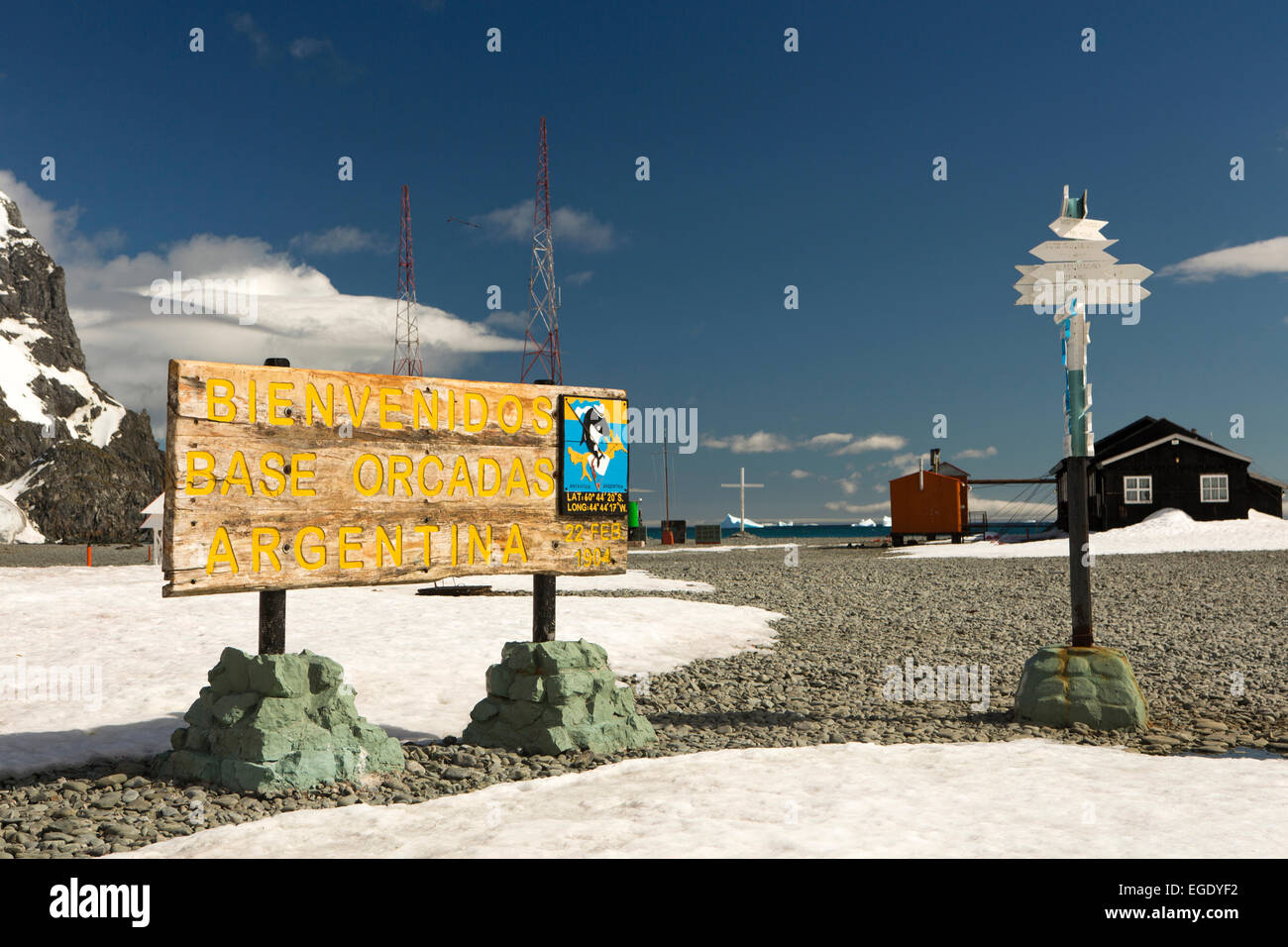 South Orkney Islands, Laurie Island, bienvenidos base Orcadas Argentina welcome sign Stock Photo