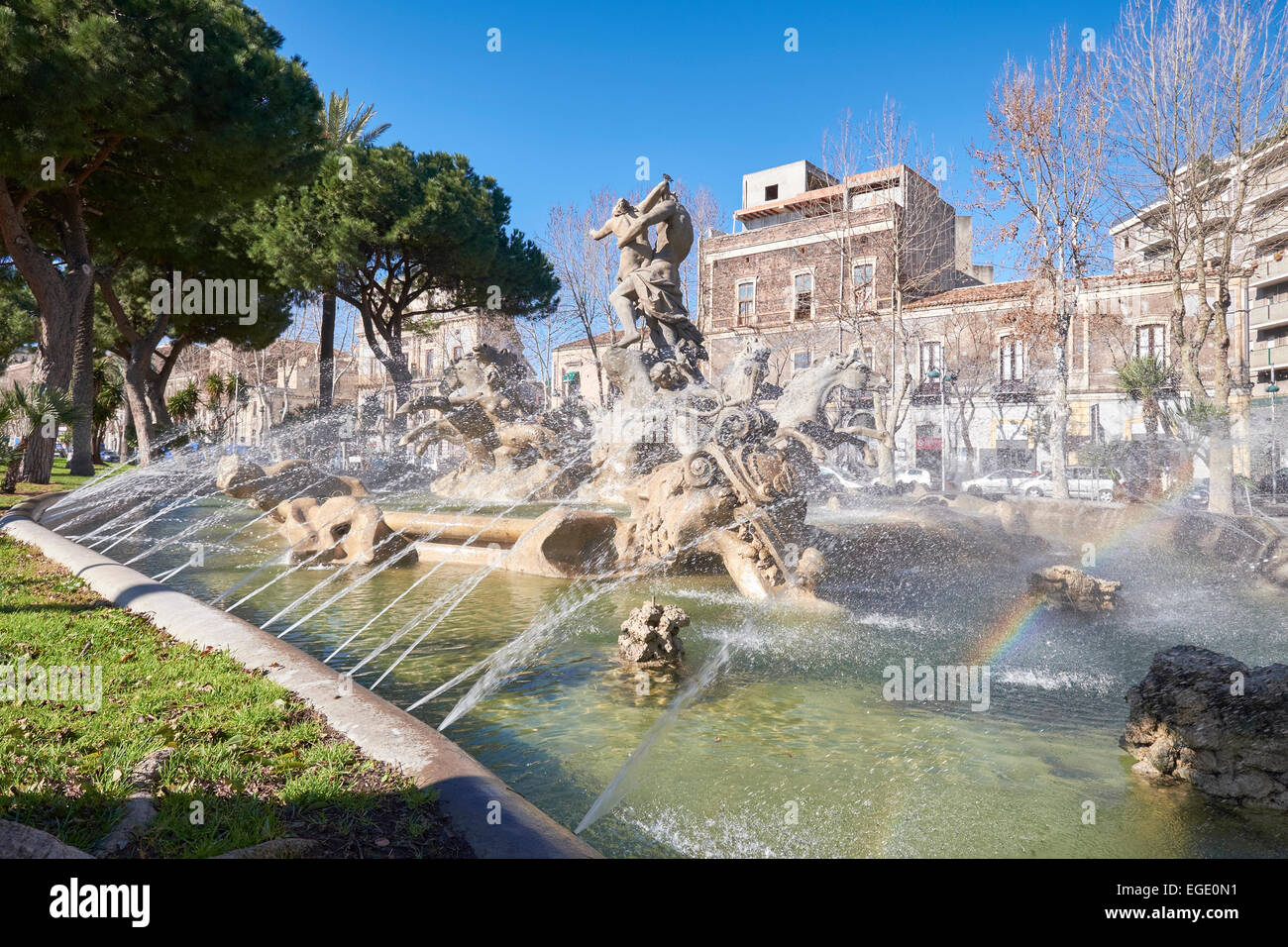 Decorative baroque fountain, Street scene in Catania, Sicily, Italy. Italian Tourism, Travel and Holiday Destination. Stock Photo