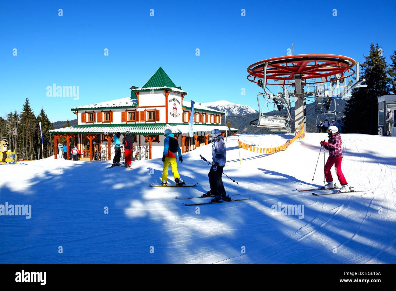 The cableway, skiers and restaurant in Bukovel. It is the largest ski resort in Ukraine Stock Photo