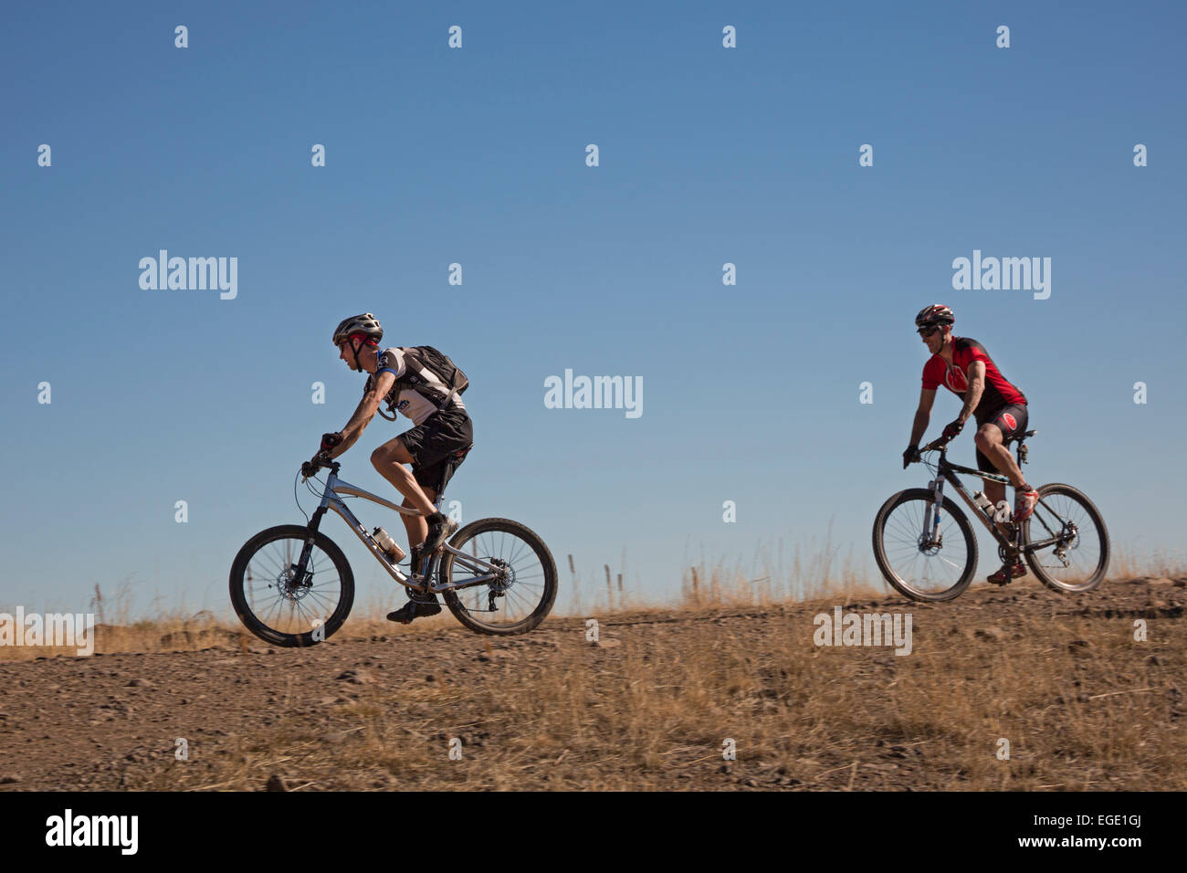 Golden, Colorado - Mountain bike riders on North Table Mountain, a mesa above Denver which is designated an 'open space.' Stock Photo