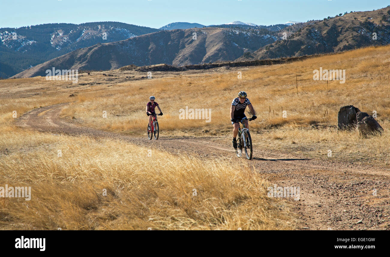 Golden, Colorado - Mountain bike riders on North Table Mountain, a mesa above Denver which is designated an 'open space.' Stock Photo