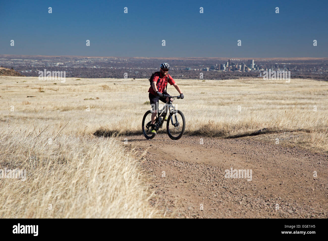 Golden, Colorado - A mountain bike rider on North Table Mountain, a mesa above Denver which is designated an 'open space.' Stock Photo
