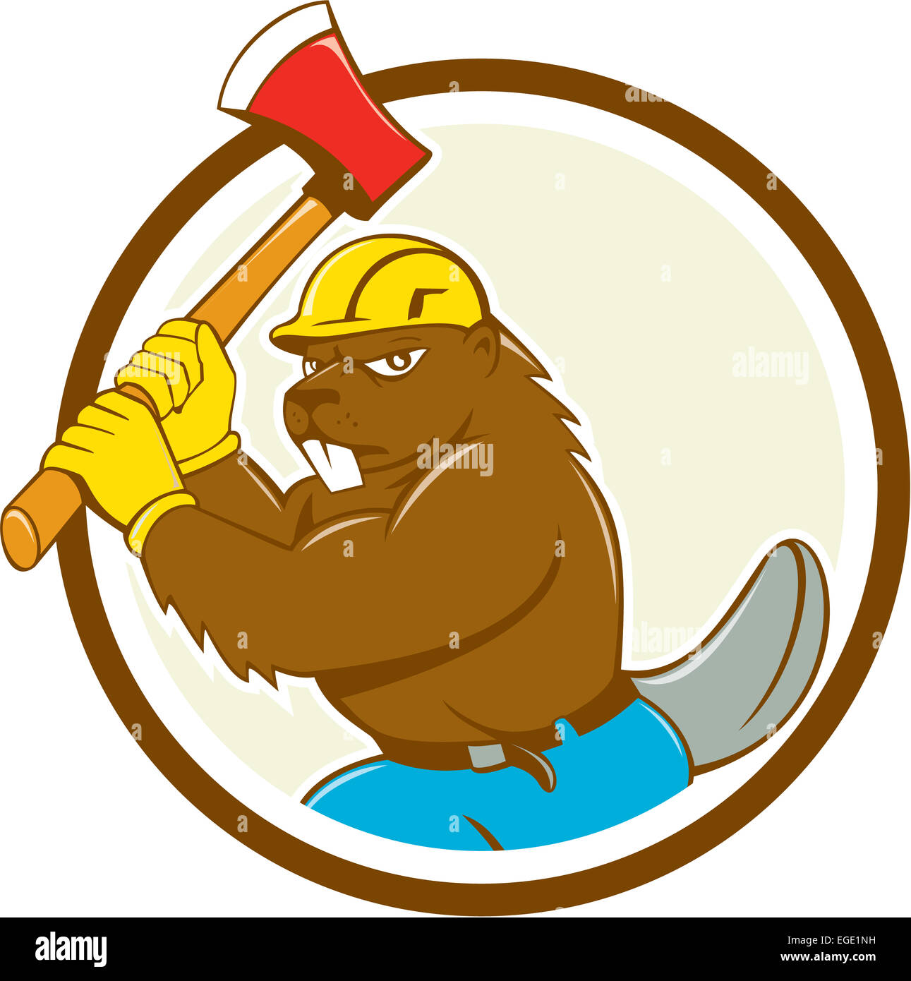 Illustration of a beaver lumberjack wearing hard hat wielding an ax set inside circle on isolated background done in cartoon style. Stock Photo