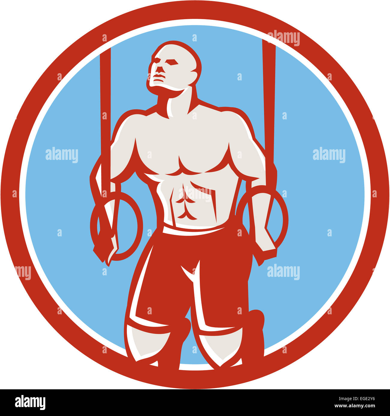 Illustration of a crossfit athlete body weight exercise hanging on gymnastic ring dip kipping muscle up facing front inside circle done in retro style on isolated white background Stock Photo
