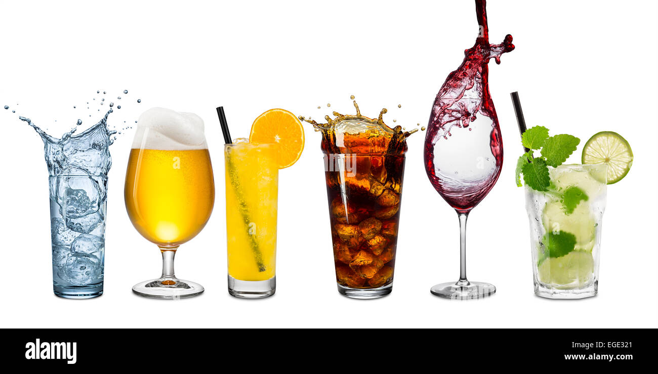 Row of various drinks on white background Stock Photo