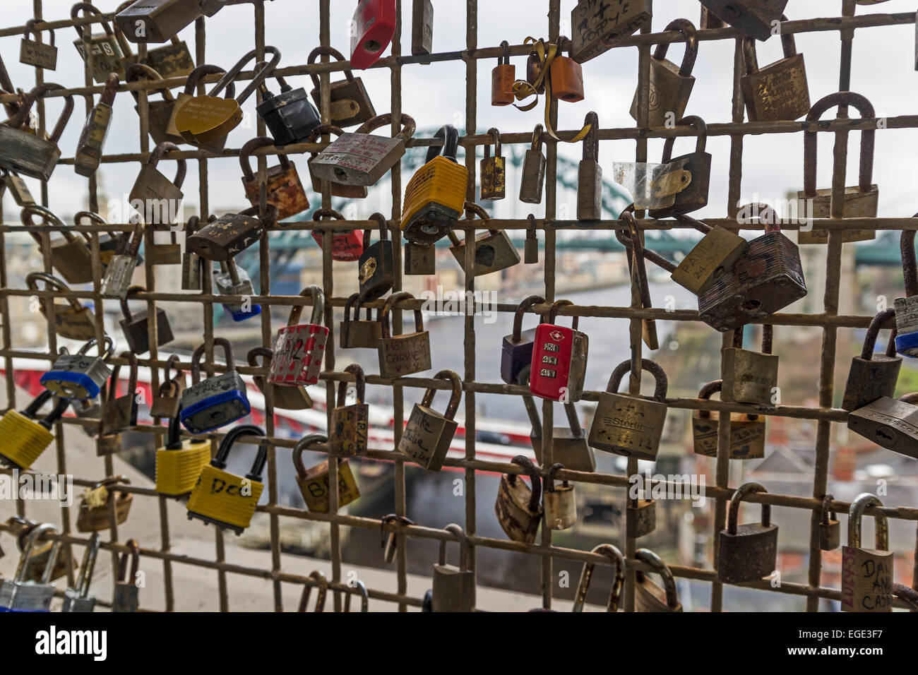 Padlocks on the High Level bridge, Newcastle upon Tyne, with Tyne