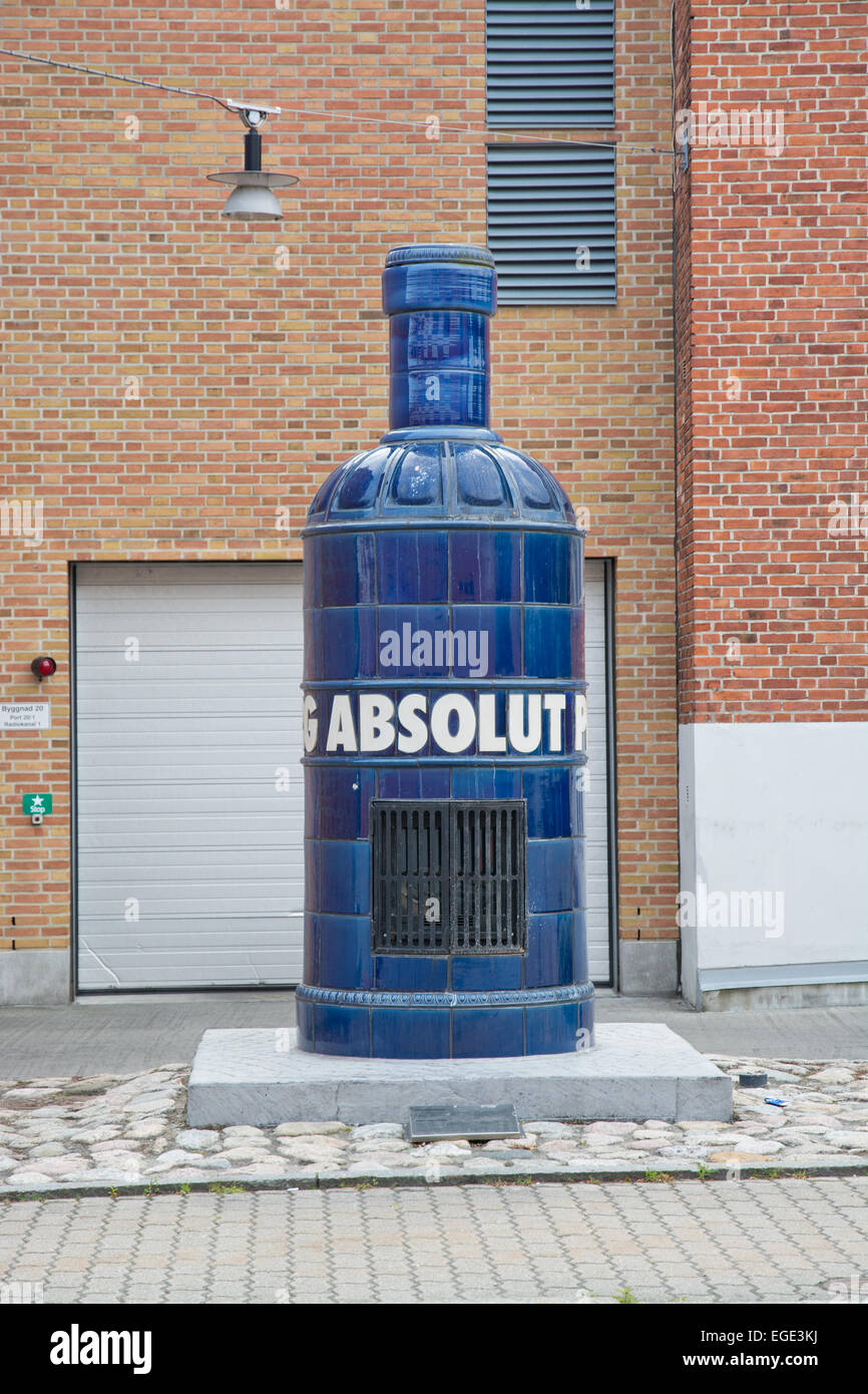 AHUS, SOUTH SWEDEN - JUNE 28, 2014: Exterior and big decor bottle by factory producing the world famous vodka 'Absolut' on June Stock Photo