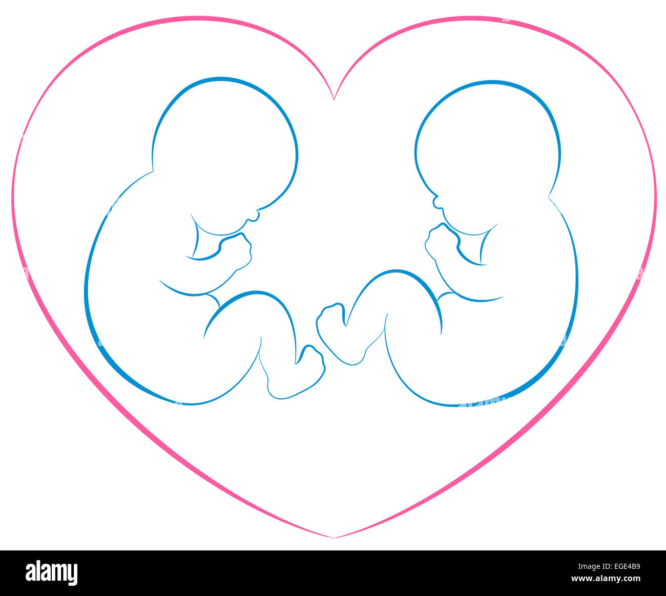 Outline illustration of two babies or twins with a pink heart around them. Stock Photo