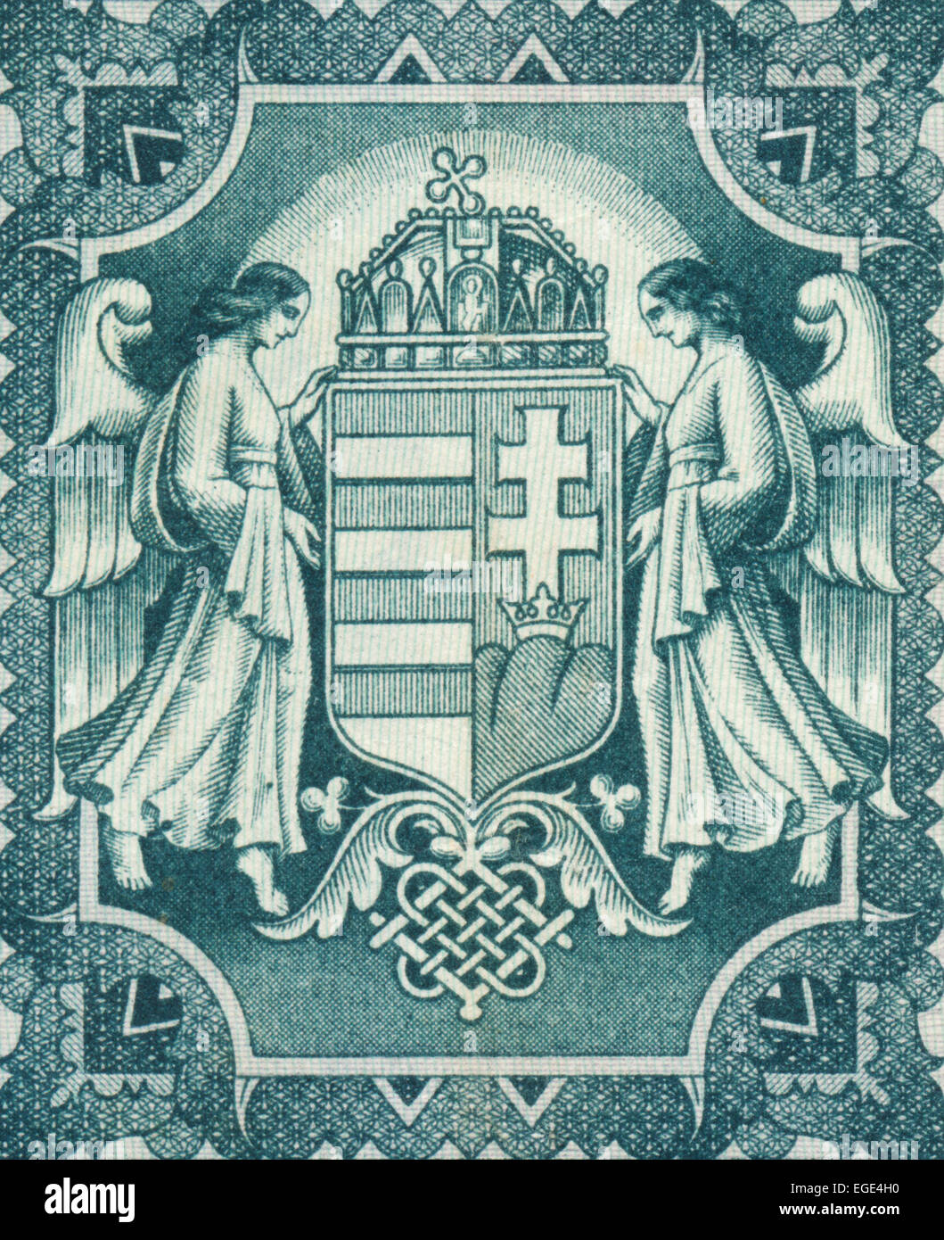 Banknote detail with crest, crown, angels Stock Photo