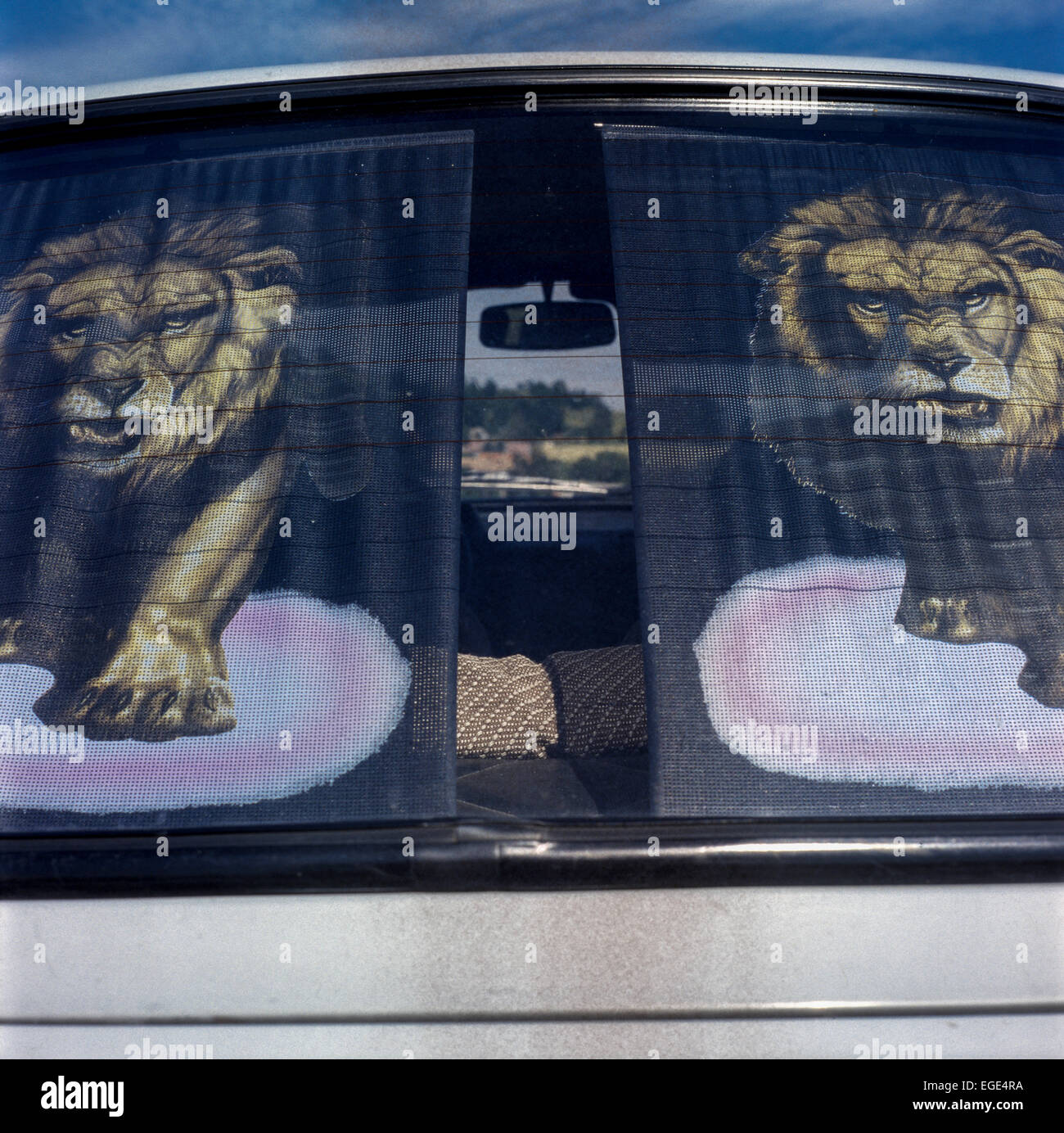 Hic sunt leones - Car sun shade, Skoda 120 tunning Stock Photo