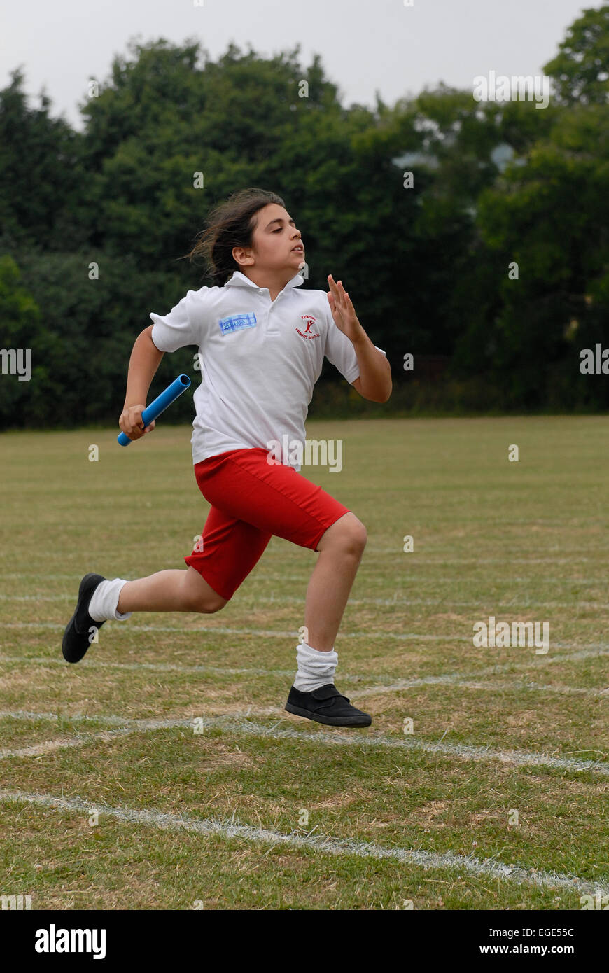 Sheer determination as part of a team relay this focused primary school girl is flying down the grass race track lines Stock Photo