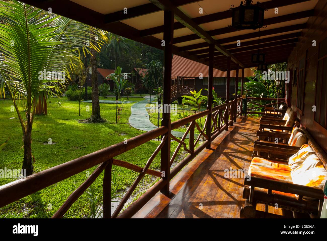 Costa Rica. National park of Tortuguero, Evergreen lodge bungalow terrace Stock Photo