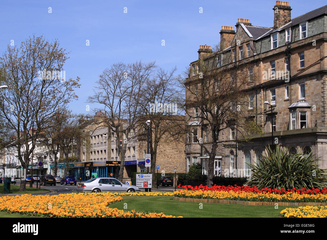 A cloudless Spring day with the Prince of Wales Mansions (right) / Harrogate / North Yorkshire / UK Stock Photo