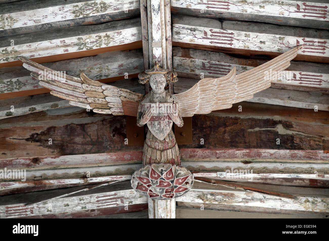 Detail of  carved  Angel in wooden roof in Medieval Blythborough Holy Trinity Church Suffolk England UK Europe Stock Photo