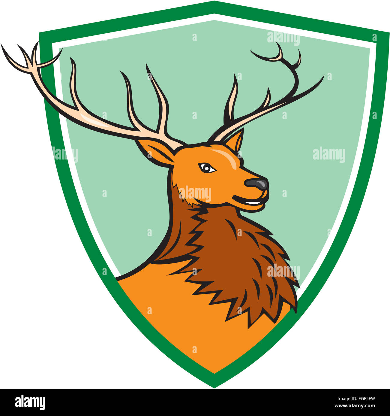 Illustration of a red stag deer buck head facing side set inside shield crest on isolated background done in cartoon style. Stock Photo