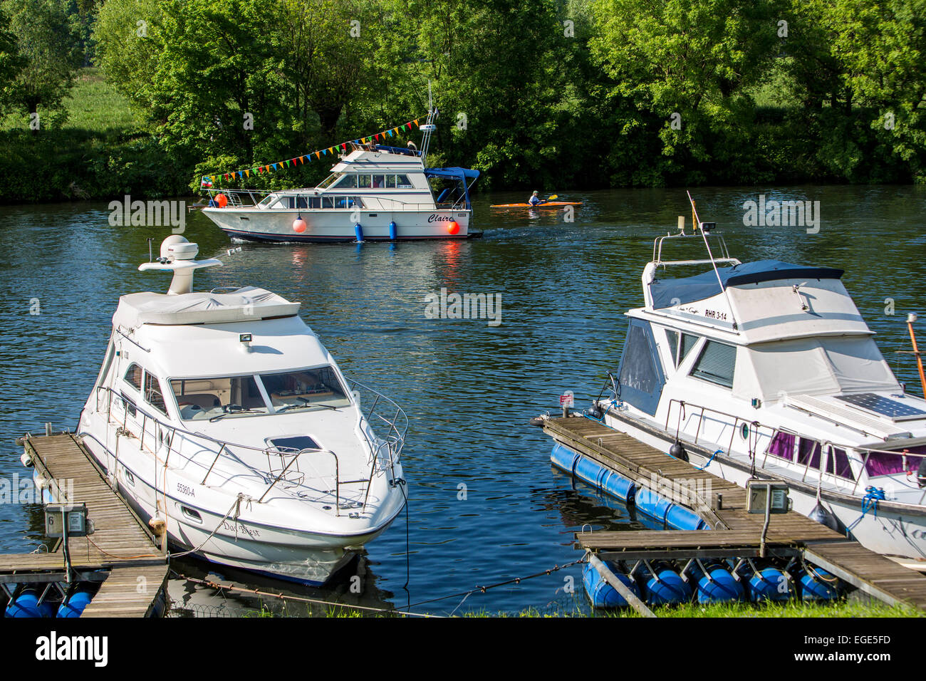 Motor yachts on river Ruhr, Essen, Germany Stock Photo