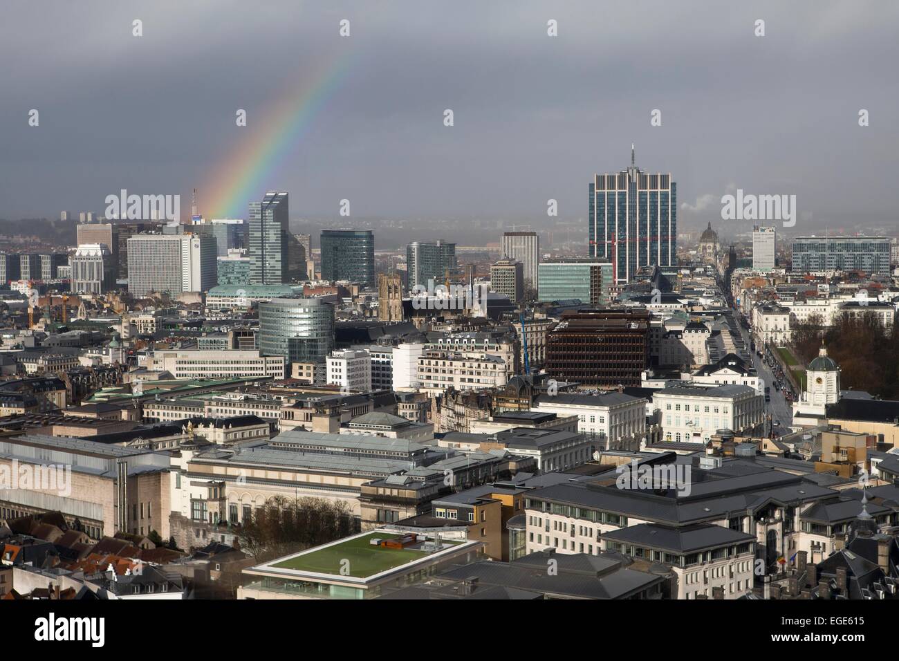 Rainbow over Brussels skyline Stock Photo Alamy