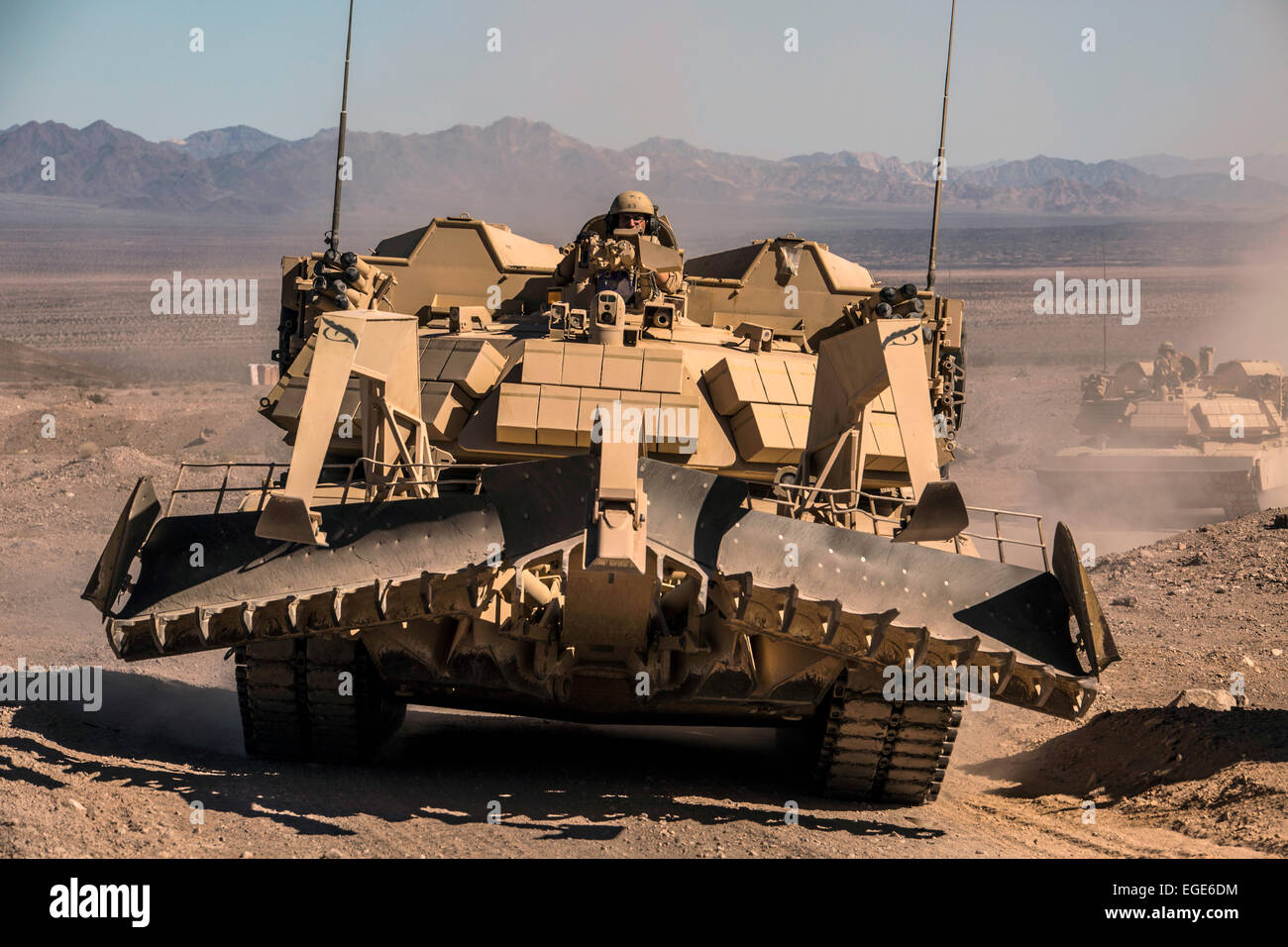 US Marine Corps assault breacher vehicles during a Battalion Assault Course Integrated Training Exercise February 12, 2015 at Marine Corps Base Twentynine Palms, California. Stock Photo