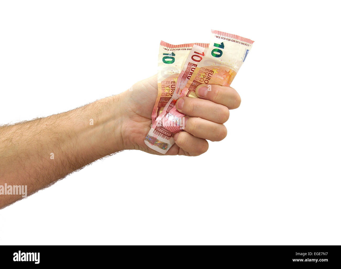 Caucasian hand tightening 10 euros banknotes isolated on white background Stock Photo