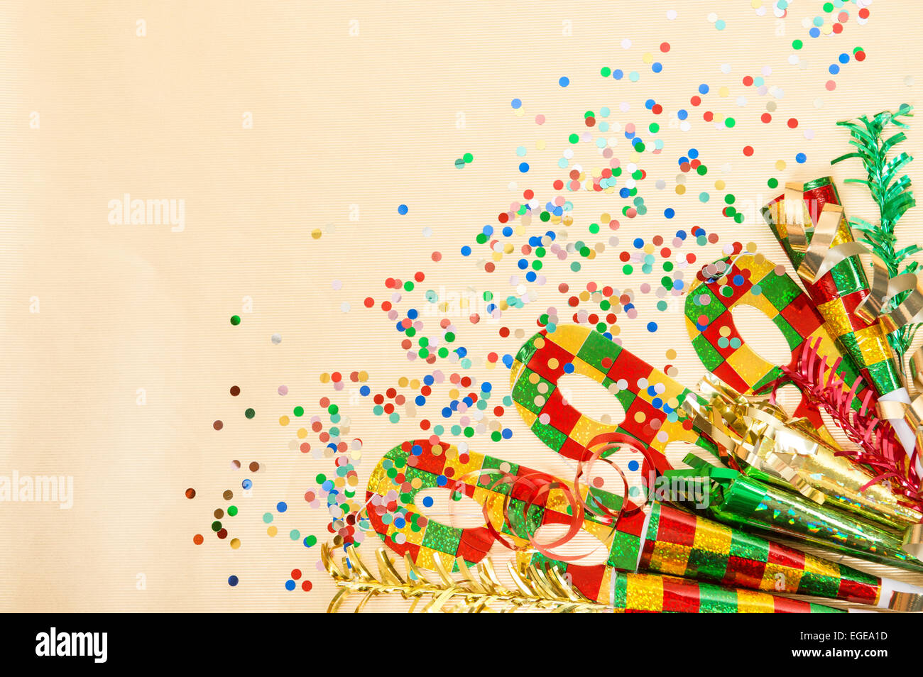 Carnival decorations, mask, confetti, streamer. Holidays background Stock Photo