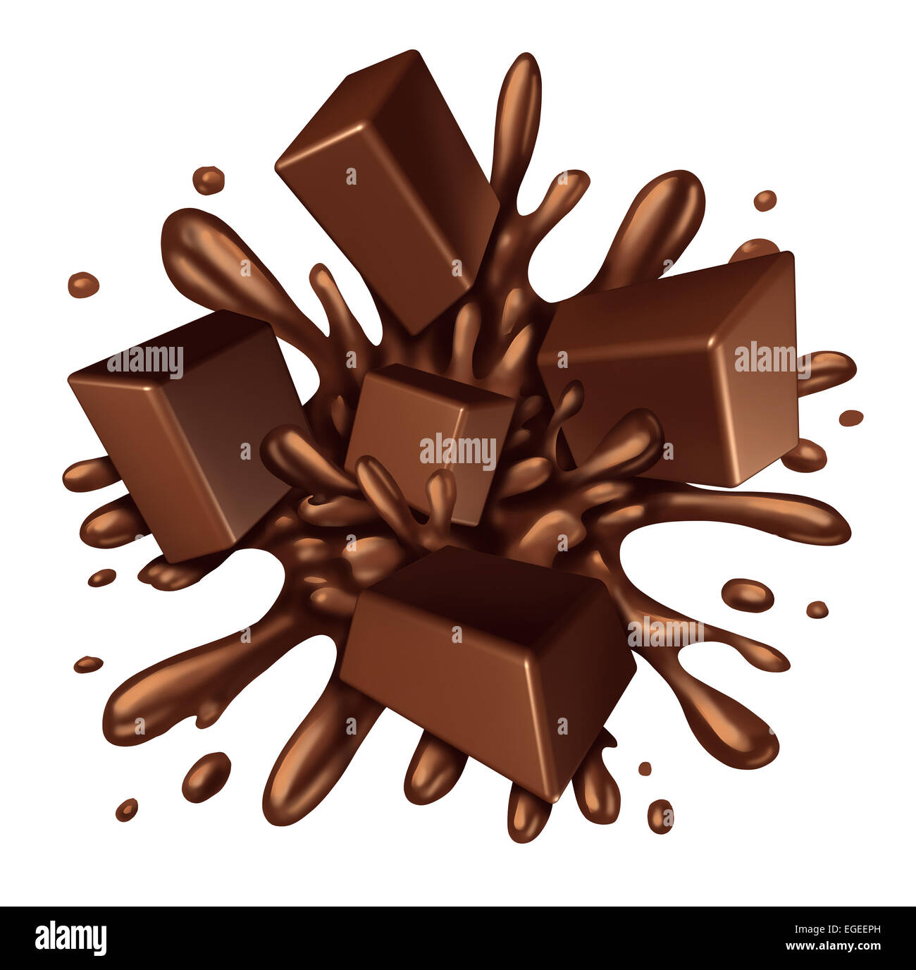 Chocolate splash liquid with chunks of melting candy exploding with a blast of dripping sweet brown syrup isolated on a white background as a food ingredient element symbol. Stock Photo
