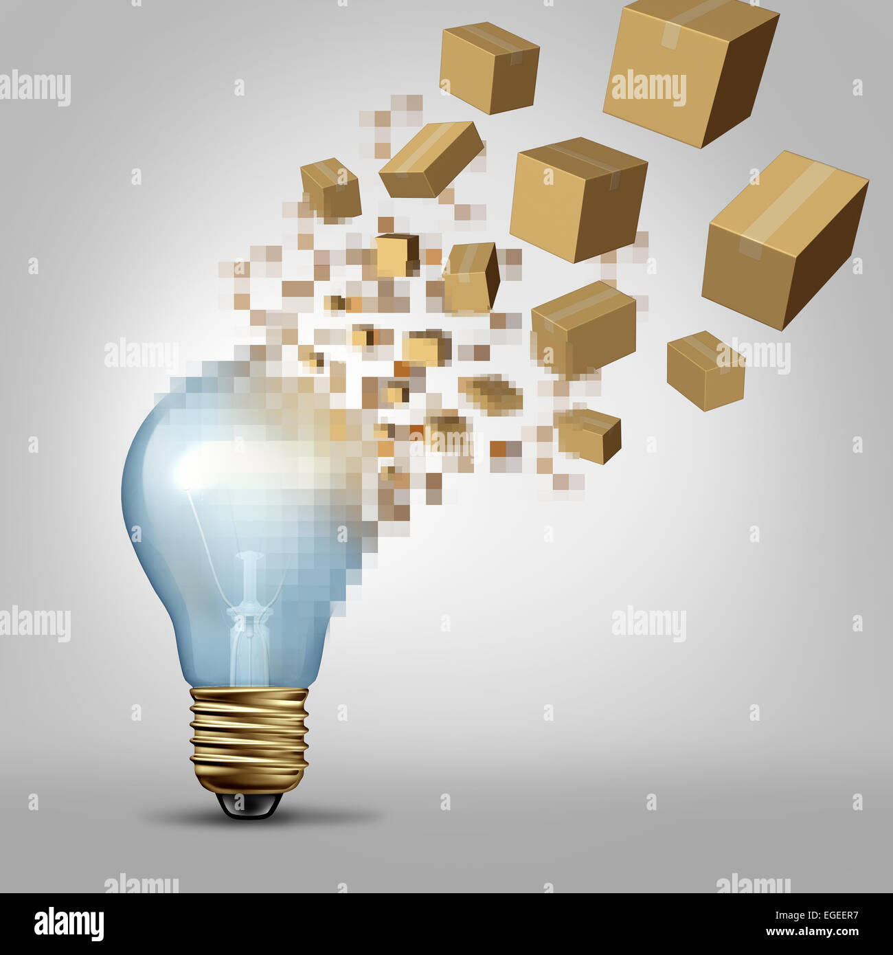 Idea to reality as a light bulb being digitally pixelated and the coded fragments transforming into packaged boxes of product as a business symbol for successful vision and visualizing goals. Stock Photo