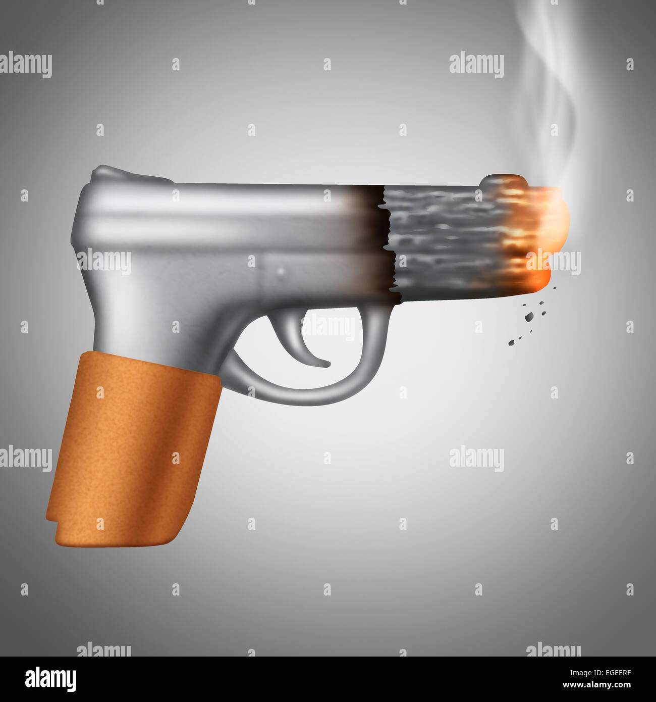 Smoking Cigarette concept as a tobacco product shaped as a lethal handgun or pistol as a health care metaphor and unhealthy symbol for the danger of smoke carcinogens. Stock Photo