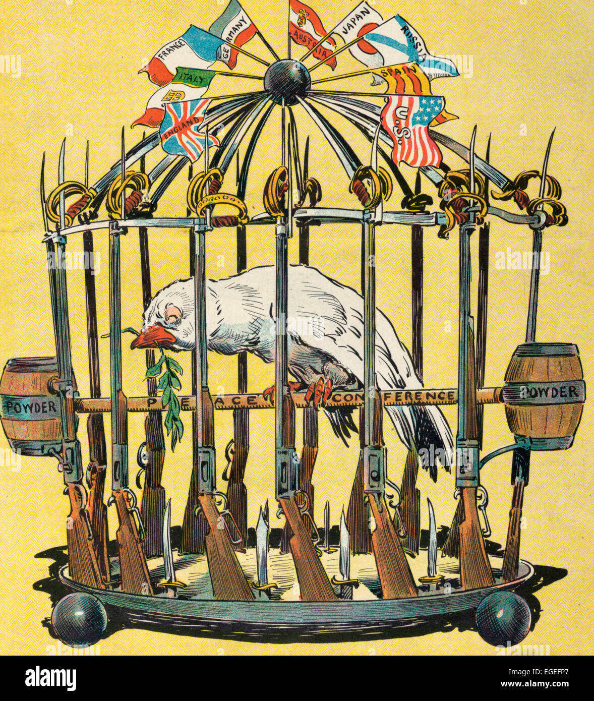 Caged Illustration shows a sickly looking dove in a birdcage fashioned from rifles and swords