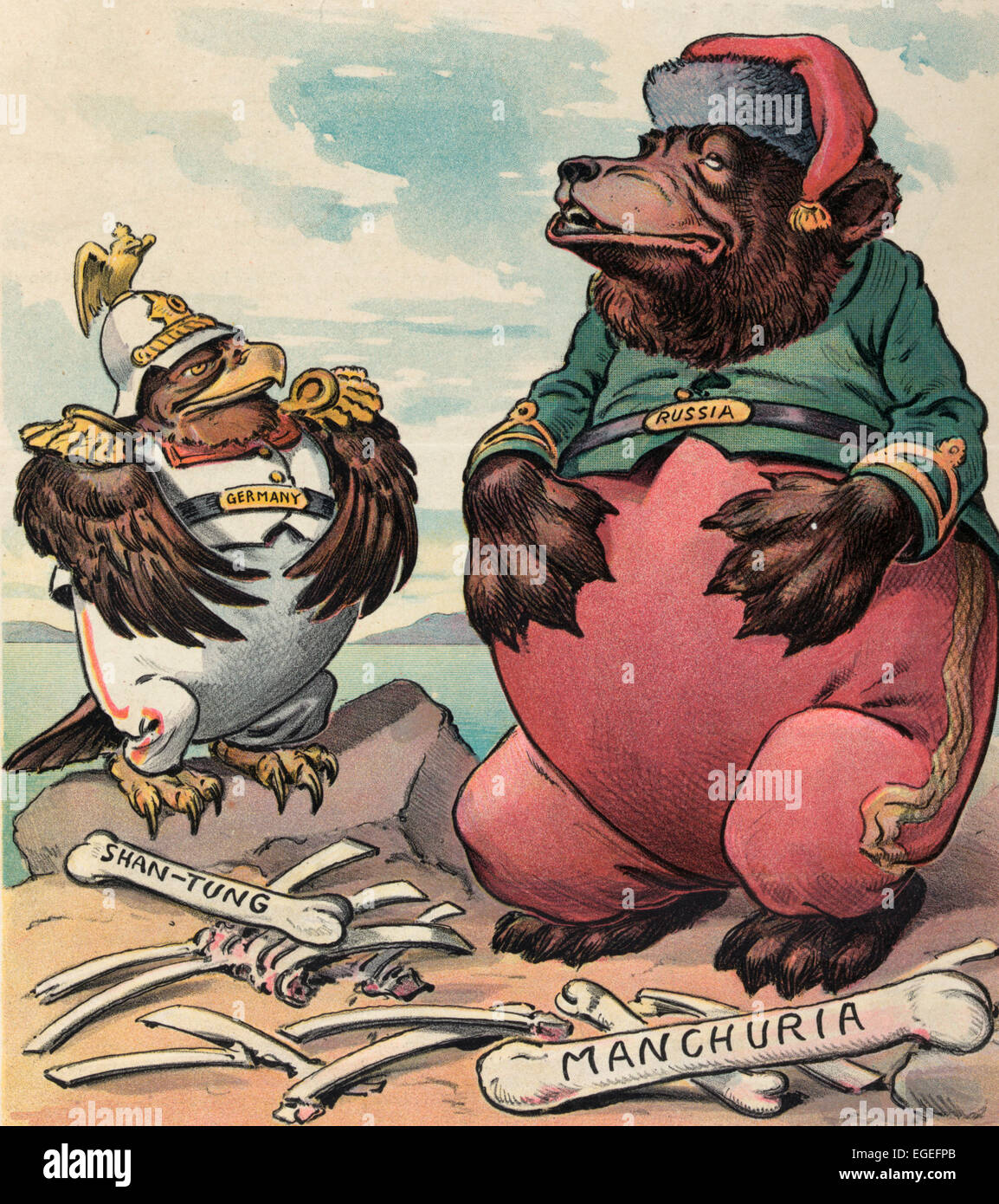 China Safe - For the Present.  Russia and Germany - Of course we want peace.  It isn't wise to exercise on a full stomach.  Illustration shows an eagle labeled 'Germany' and the Russian Bear relaxing after eating, there are bones labeled 'Shan-Tung' and 'Manchuria' at their feet. Political cartoon, 1902 Stock Photo