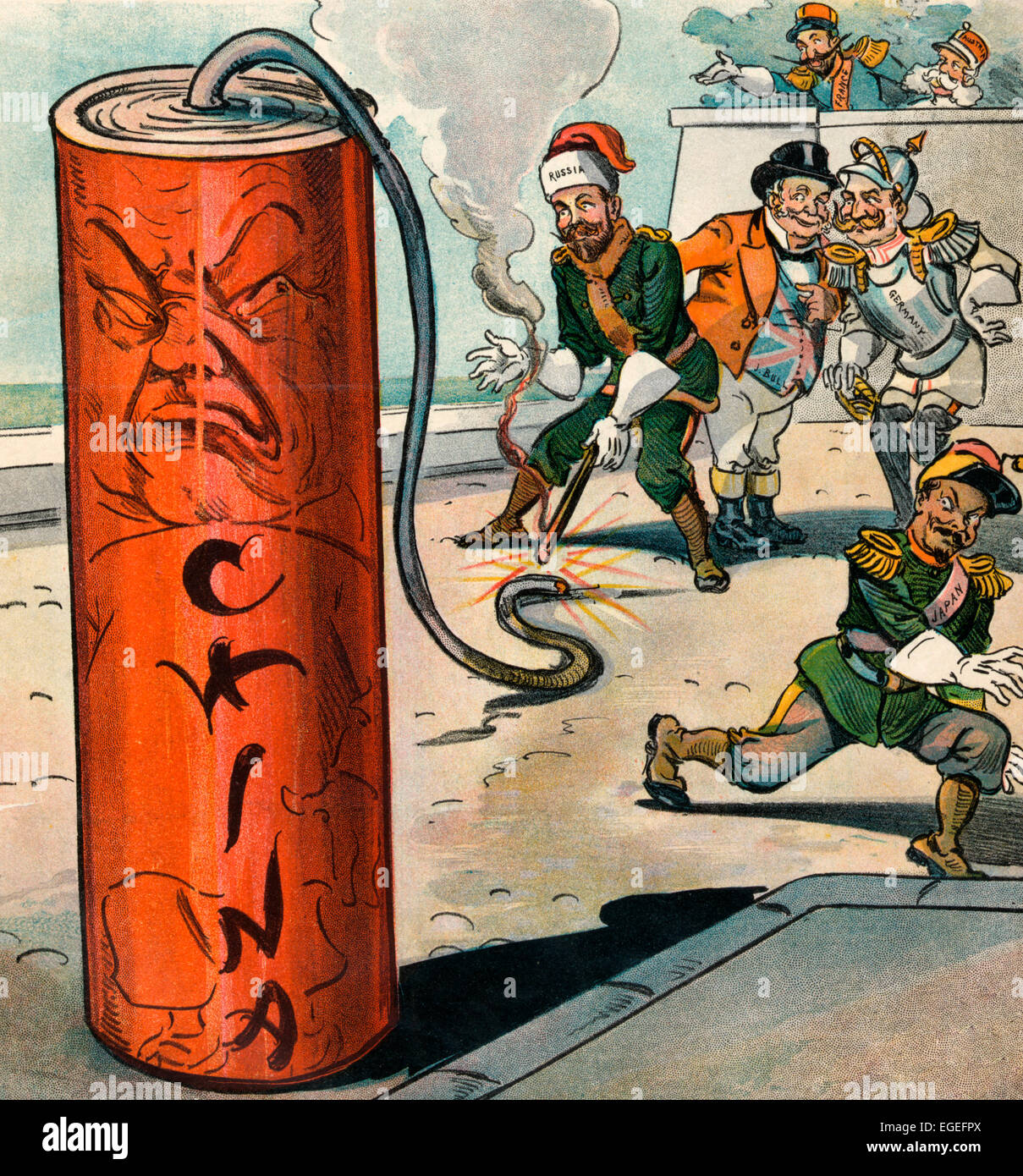 A Dangerous Firecracker - Illustration shows the rulers of Germany, France, Austria, Japan, and John Bull, representing England, watching as the ruler of Russia lights the fuse of a large firecracker labeled 'China.'  Political Cartoon 1900 Stock Photo