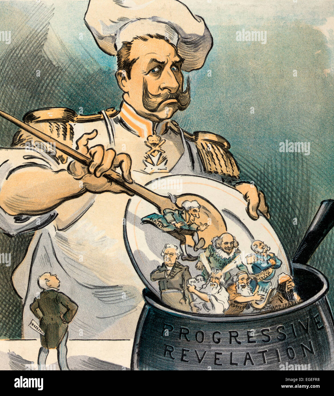 The Kaiser's Goulash - Illustration shows William II, Emperor of Germany, preparing a goulash by adding a plate full of noted figures from the past, such as 'Kant, Goethe, Shakespeare, Moses, Homer, William the Great, and Hammurabi' to a large pot labeled 'Progressive Revelation'; the spirit of Robert Ingersoll stands next to the pot, asking why he has been excluded from the mix. Political Cartoon 1903 Stock Photo