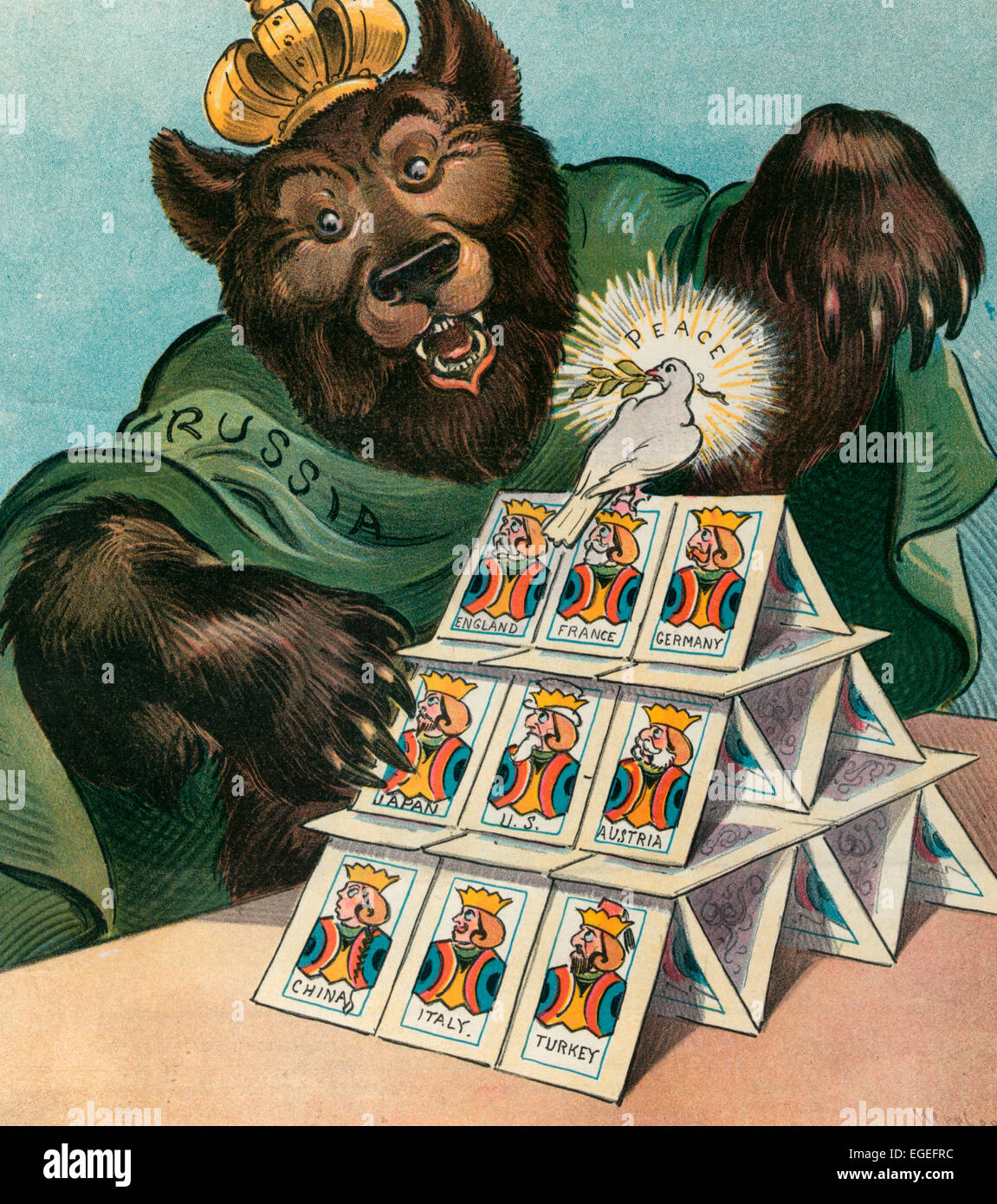 A House of Cards - Illustration shows the Russian Bear with a house of cards, each card labeled a different country, 'England, France, Germany, Japan, U.S., Austria, China, Italy, and Turkey', the king on each card bears some facial characteristics of the ruler of the country, including Uncle Sam; a dove of 'Peace' has landed on top of the cards, alarming the bear. The bear's right paw and claws are touching the 'Japan' card. Political cartoon, 1904 Stock Photo