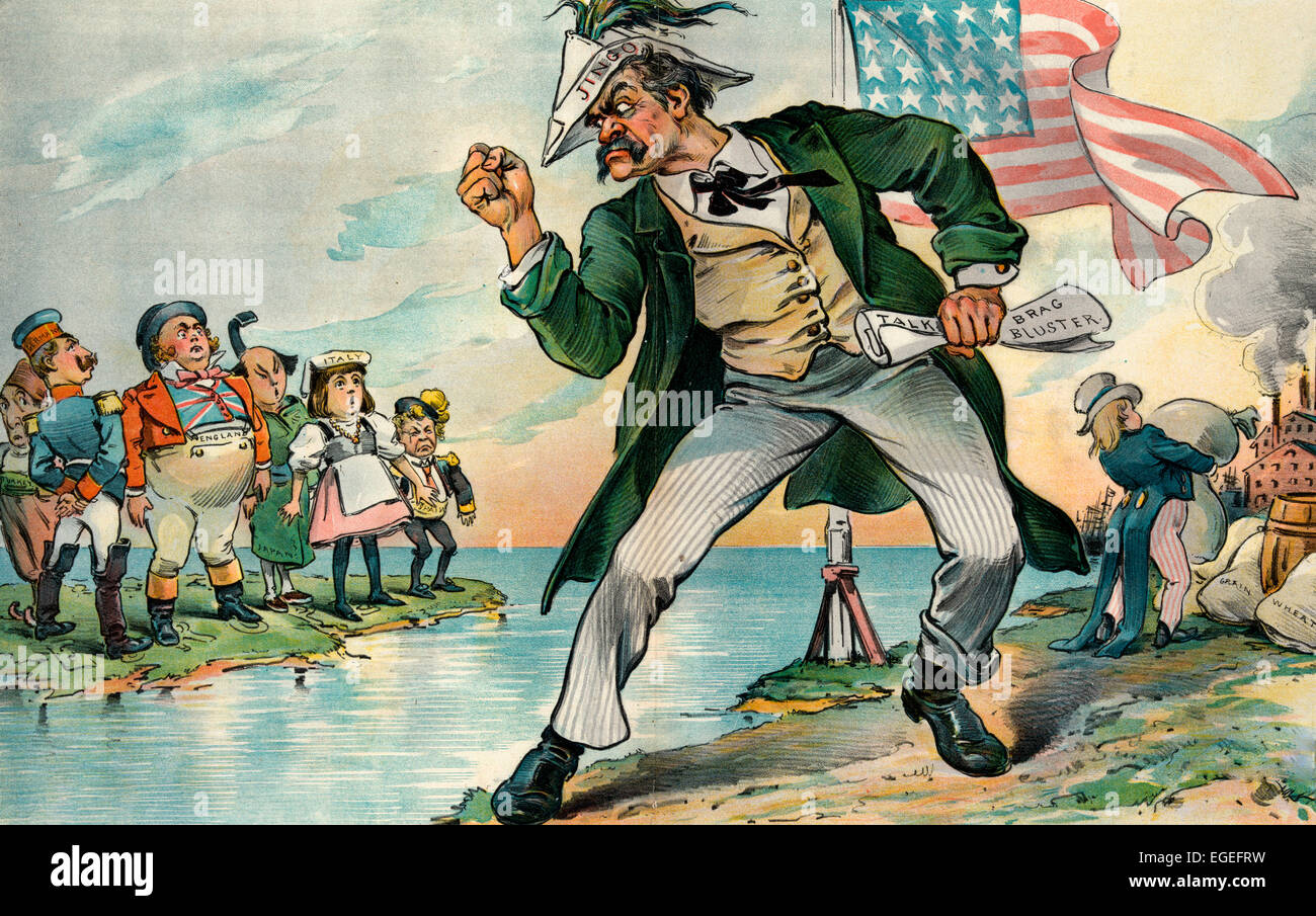 The Jingo Bully - A large angry man wearing a hat labeled 'Jingo', shaking his fist at a cluster of rulers labeled 'Turkey, Germany, England, Italy, Japan, [and] Spain' standing on a tiny piece of land labeled 'Europe', across a body of water; behind the man an impish Uncle Sam stacks bags of 'Grain' or 'Wheat' near the shore, with factories in the background. Political cartoon, 1897. Stock Photo
