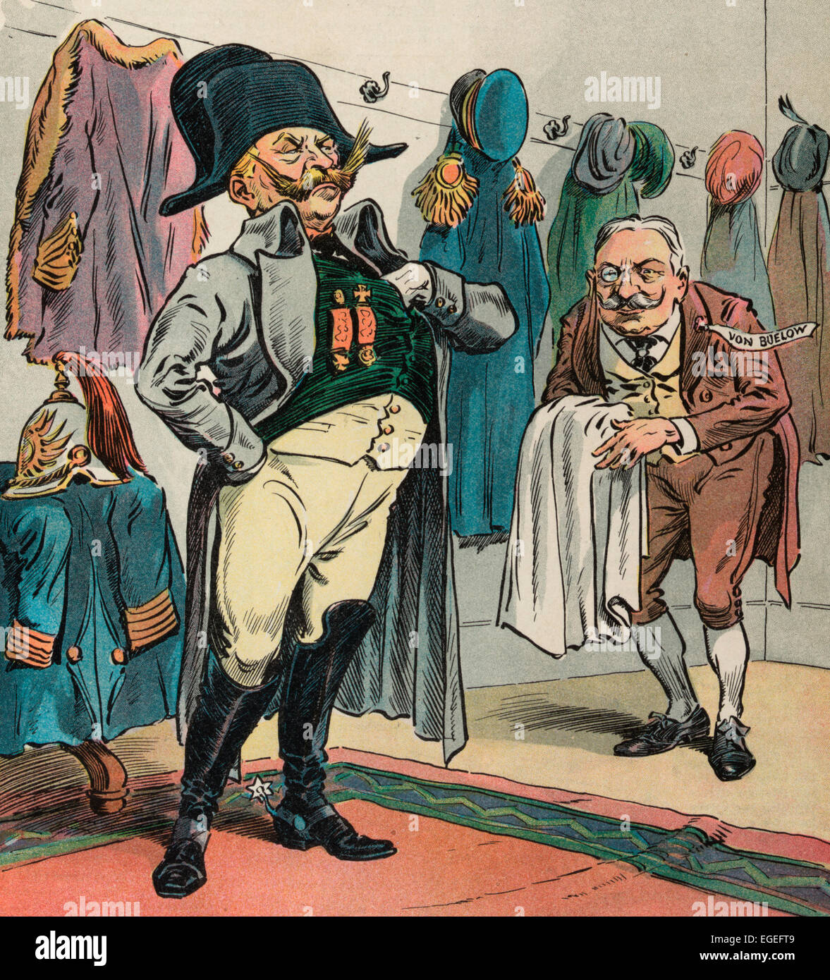 The Ready made Napoleon. William II, emperor of Germany, exchanging his coat and helmet for a hat and coat in the style of Napoleon I, emperor of the French; Bernhard von Bülow stands next to him, also dressed in the style of an early 19th century French aristocrat, holding a cape draped over his right arm. Valet Von Buelow - Sapristi, Herr Wilhelm! They become you most beautifully. Political cartoon, 1905 Stock Photo