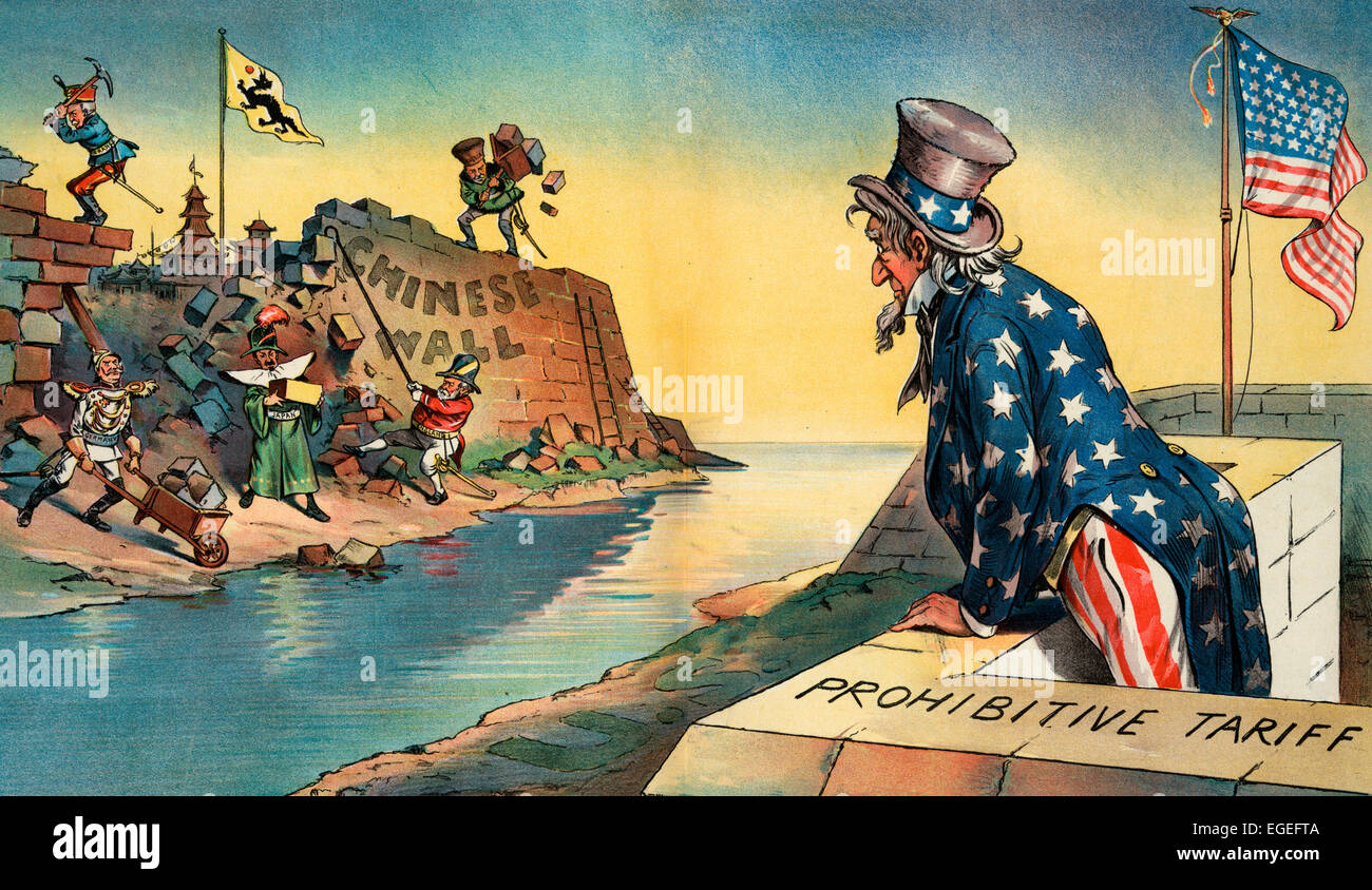 Uncle Sam standing at the top a wall labeled 'Prohibitive Tariff' on land labeled 'U.S.', looking across a body of water at the 'Chinese Wall' being torn down by European and Japanese rulers labeled and caricatured as 'France' (Felix Faure), 'Germany' (William II), and 'Japan' (Meiji), 'England (George V), and 'Russia' (Nicholas II). The Next Thing to Do - Uncle Sam 'By Jingo! That reminds me that I've got a wall like that - I'd better take it down, myself, before other people do it for me'. Political cartoon, 1898 Stock Photo