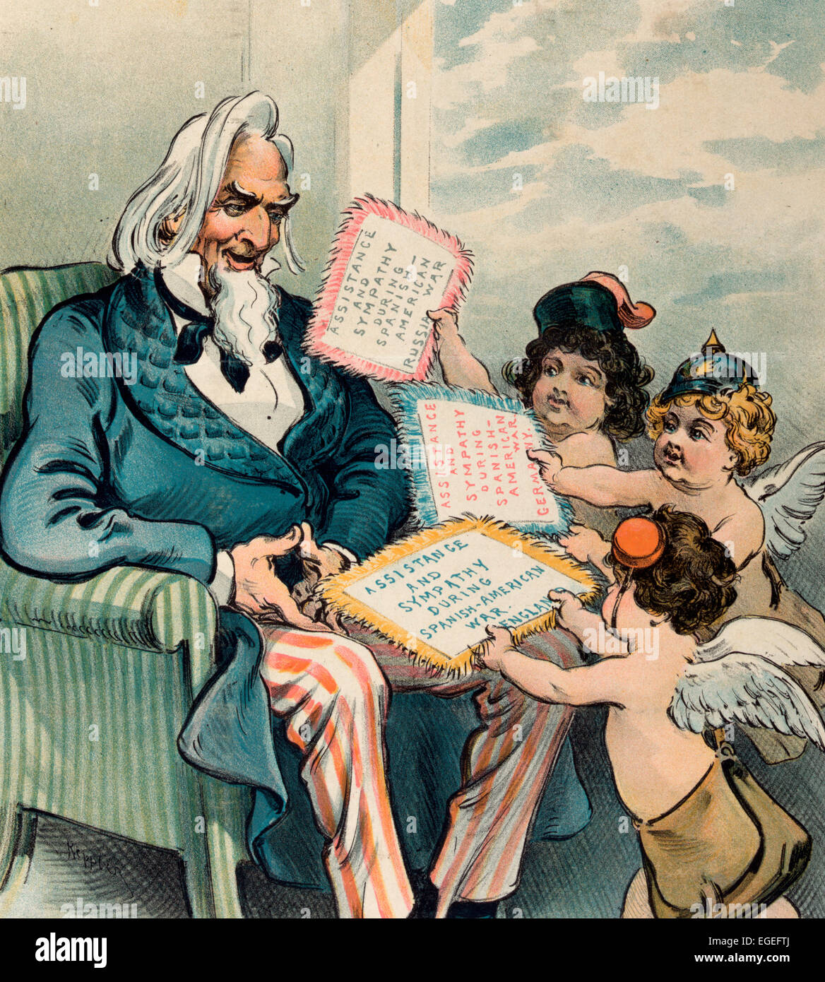 Uncle Sam's Valentines - 'I didn't know I had so many friend till I won that fight'.  Uncle Sam sitting in a chair with three putti handing him valentine cards that state 'Assistance and Sympathy during the Spanish-American War'; the cards have come from 'England', 'Germany', and 'Russia'. Political cartoon, 1902 Stock Photo