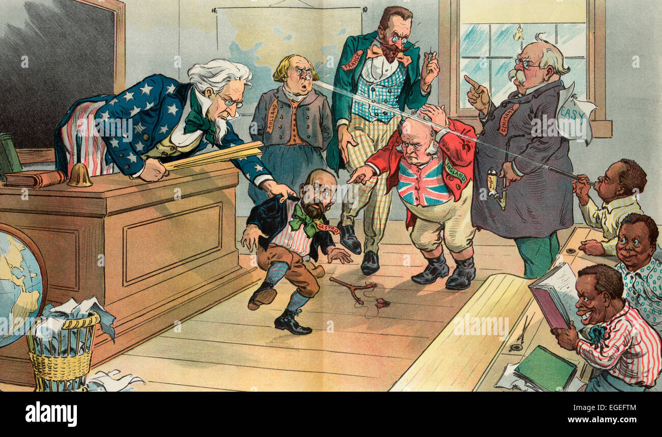 Visitor's Day - Illustration shows a rowdy classroom scene at the 'Pan-American School' where Uncle Sam is the teacher admonishing Cipriano Castro, holding a slingshot, for a prank; four other adults are present, 'Holland, France, England, [and] Germany'; three native children are sitting at desks, one is shooting a spitball that hits 'Holland' in the face. Political cartoon, circa 1905 Stock Photo