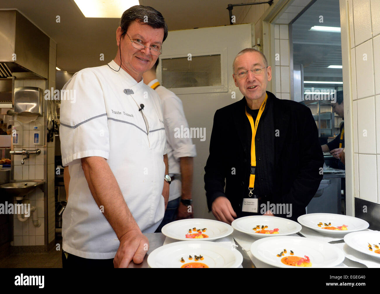 Baiersbronn, Germany. 23rd Feb, 2015. Three-star chef Harald Wohlfahrt (L) and food expert Thomas Vilgis in the kitchen of the restaurant Traube-Tonbach during CookTank in Baiersbronn, Germany, 23 February 2015. CookTank considers itself a sort of cooking and think tank, in which top chefs, media representatives, producers, and experts develop ideas and strategies for tomorrow's cuisine. Photo: Thomas Kienzle/dpa/Alamy Live News Stock Photo