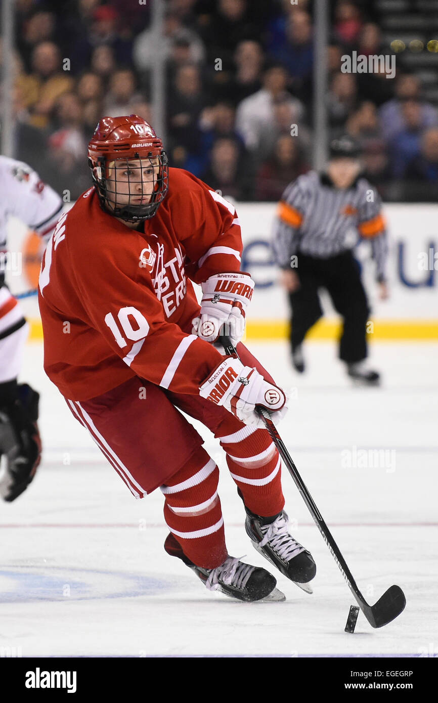 Boston, Massachusetts, USA. 23rd Feb, 2015. Boston University's Forward Danny O'Regan (10) in game action during the championship game of the Beanpot Tournament, an NCAA hockey game between the Boston University Terriers and the Northeastern University Huskies held at TD Garden in Boston Massachusetts. Boston University defeated Northeastern 4-3 in overtime. Eric Canha/CSM/Alamy Live News Stock Photo