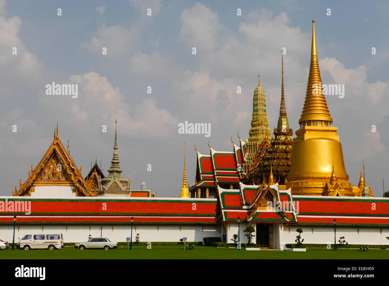 Wat Phra Kaew or Temple of the Emerald Buddha in royal grand palace and temple complex, seen from outer court. Bangkok. Stock Photo