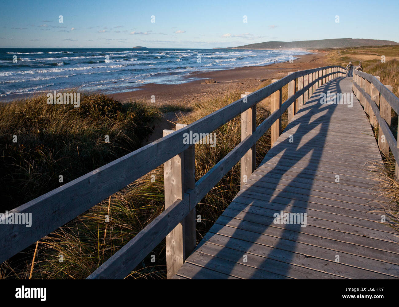 Boardwalk at Inverness Beach, Cape Breton Island, Nova Scotia, Canada Stock Photo