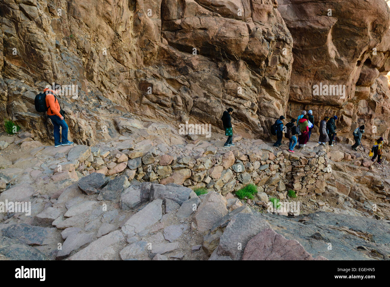 Group of tourists descends Mount Sinai, Egypt Stock Photo