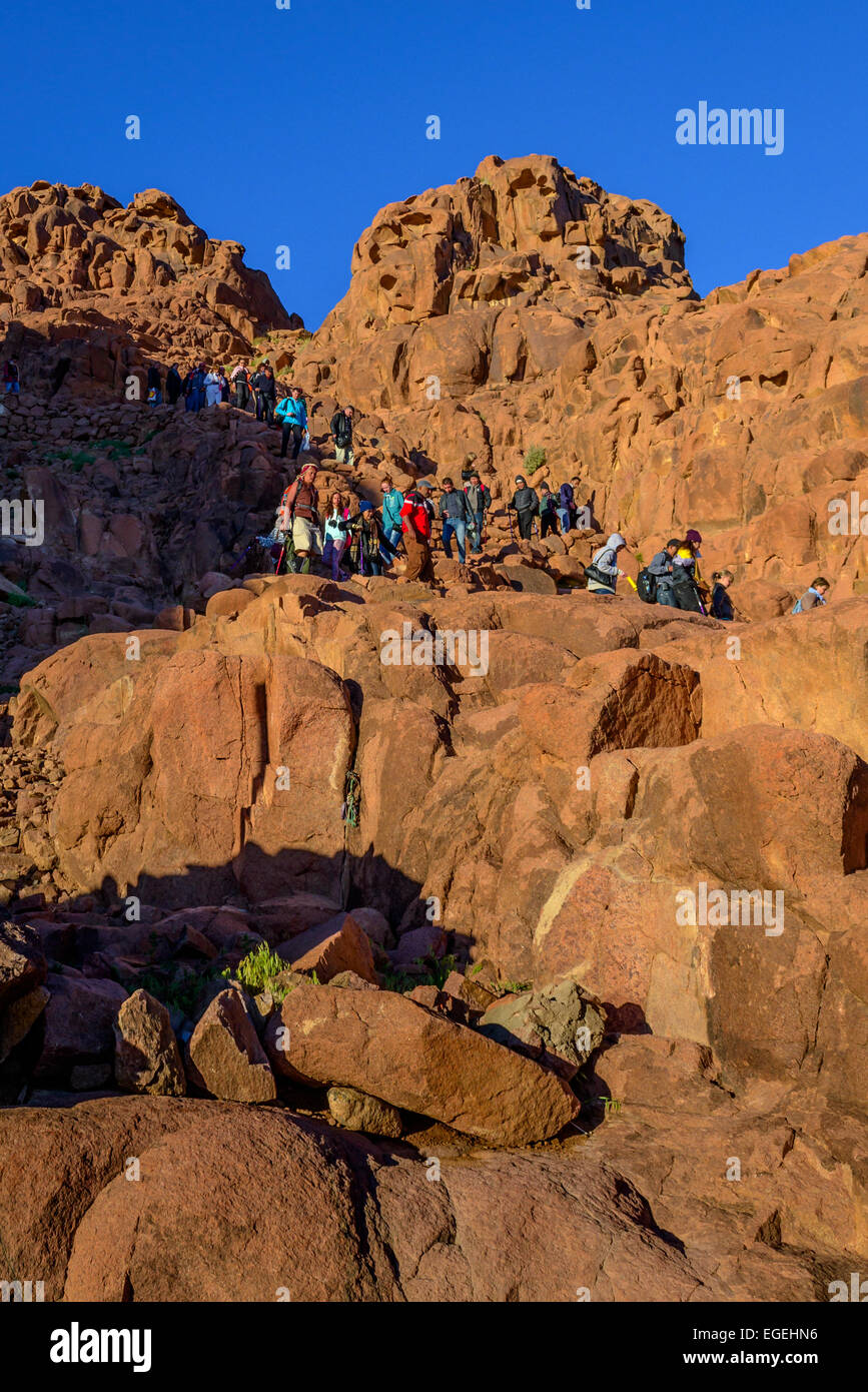 Groups of tourists descending Mount Sinai after seeing sunrise, Egypt. Stock Photo