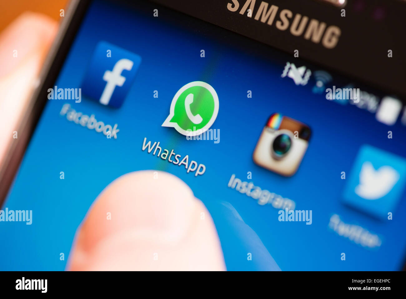 Icon of 'WhatsApp' and other social media communication apps on a Samsung Galaxy smartphone's touchscreen Stock Photo