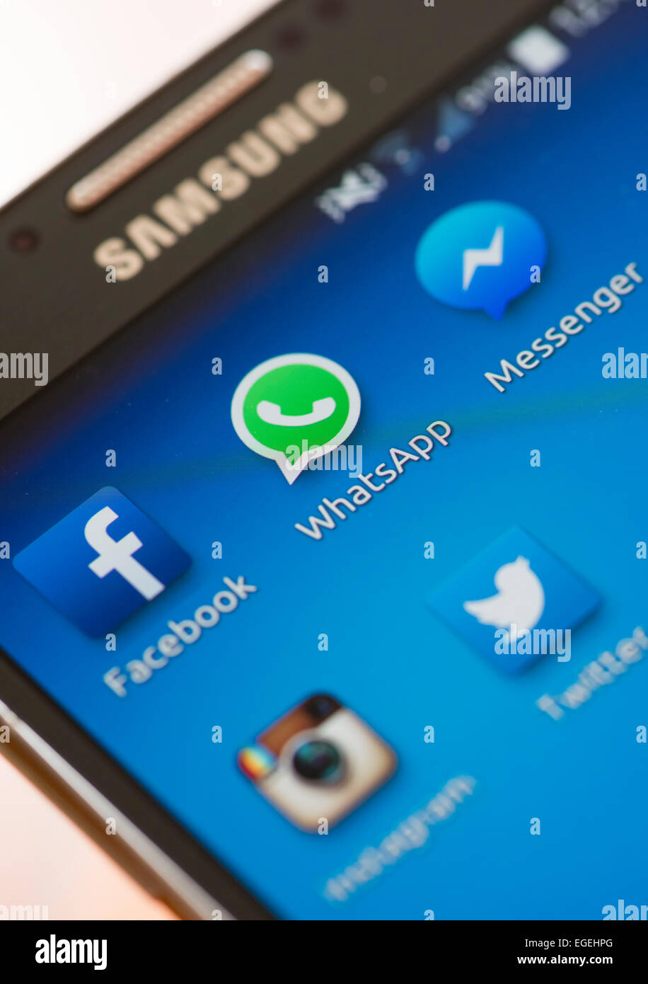 Icon of 'WhatsApp' and other social media communication apps on a Samsung Galaxy smartphone's touchscreen Stock Photo