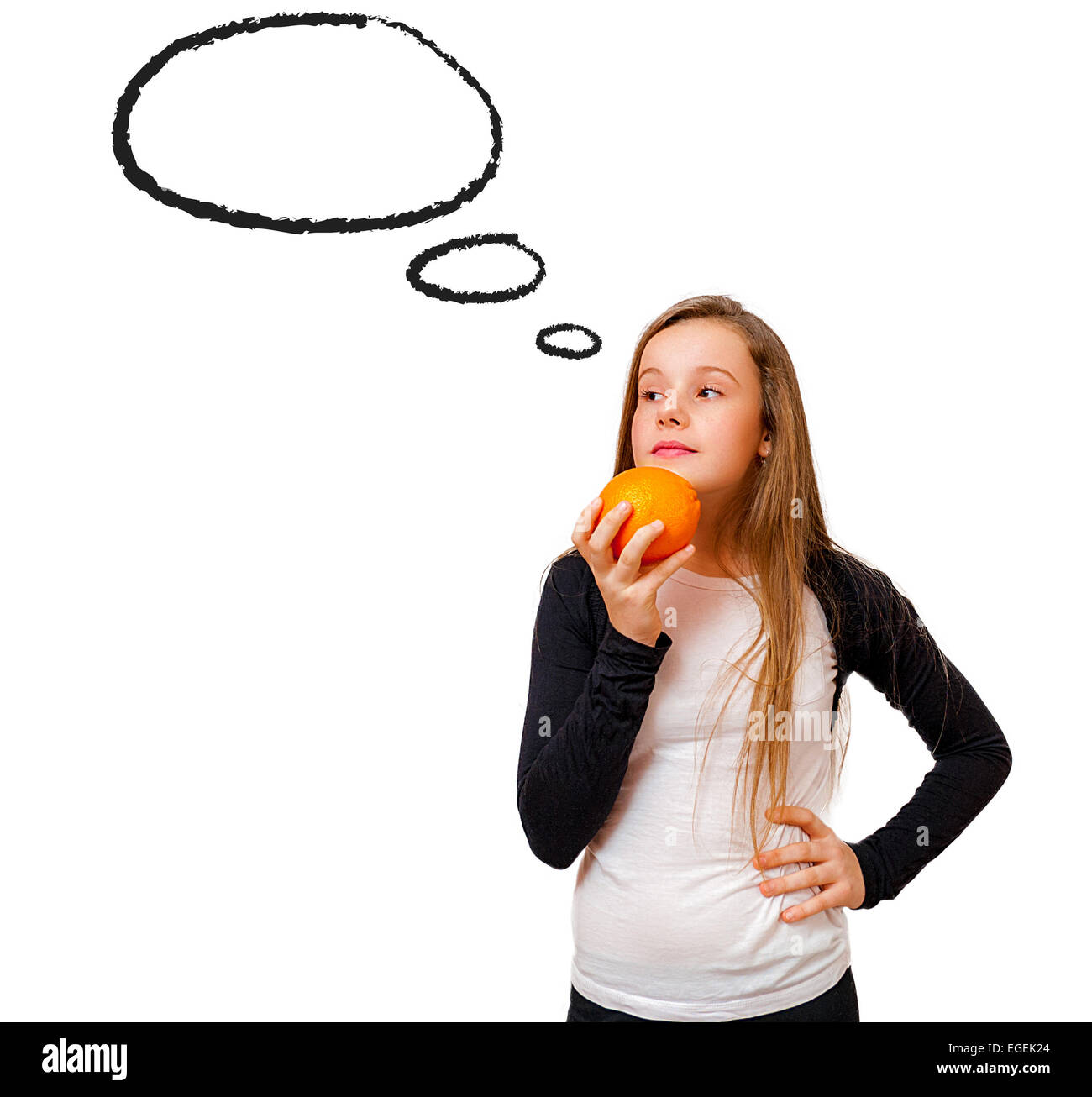 Thinking little girl with orange and speech bubble isolated on white Stock Photo