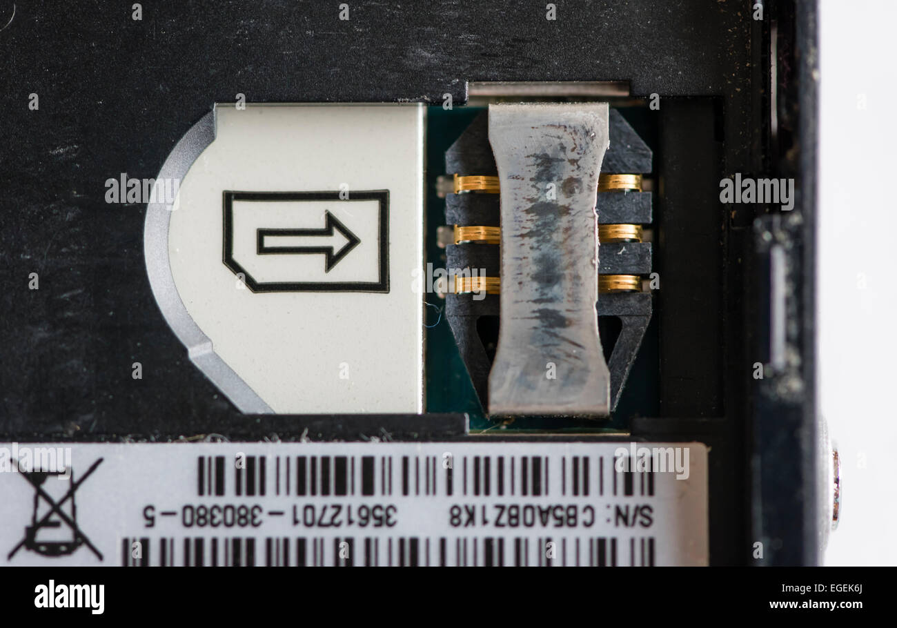 Close up of an empty SIM-card socket inside an opened mobile phone / smartphone. Stock Photo