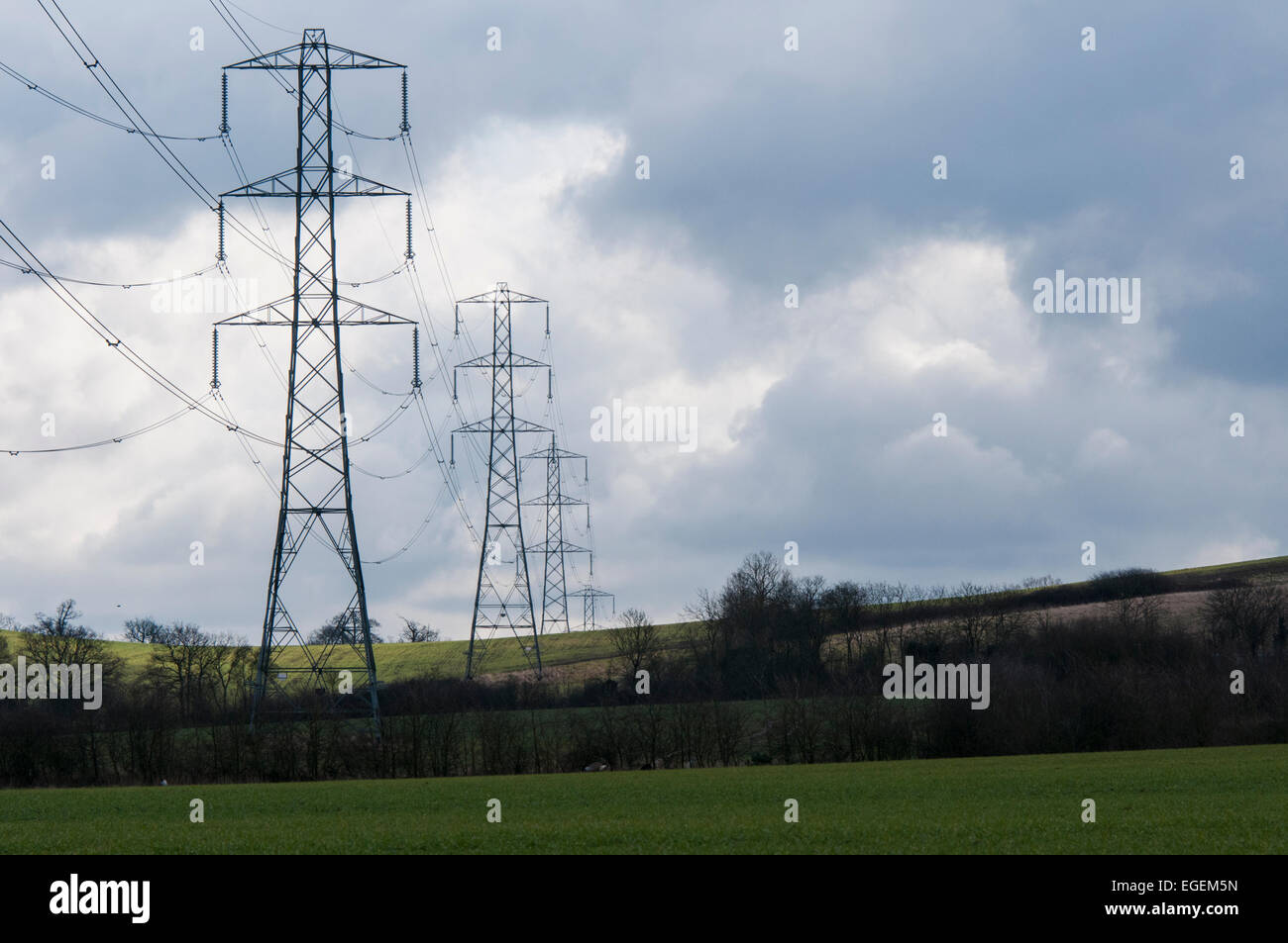 Electricity pylons crossing the rural landscape at Fishers Green, Esse Stock Photo