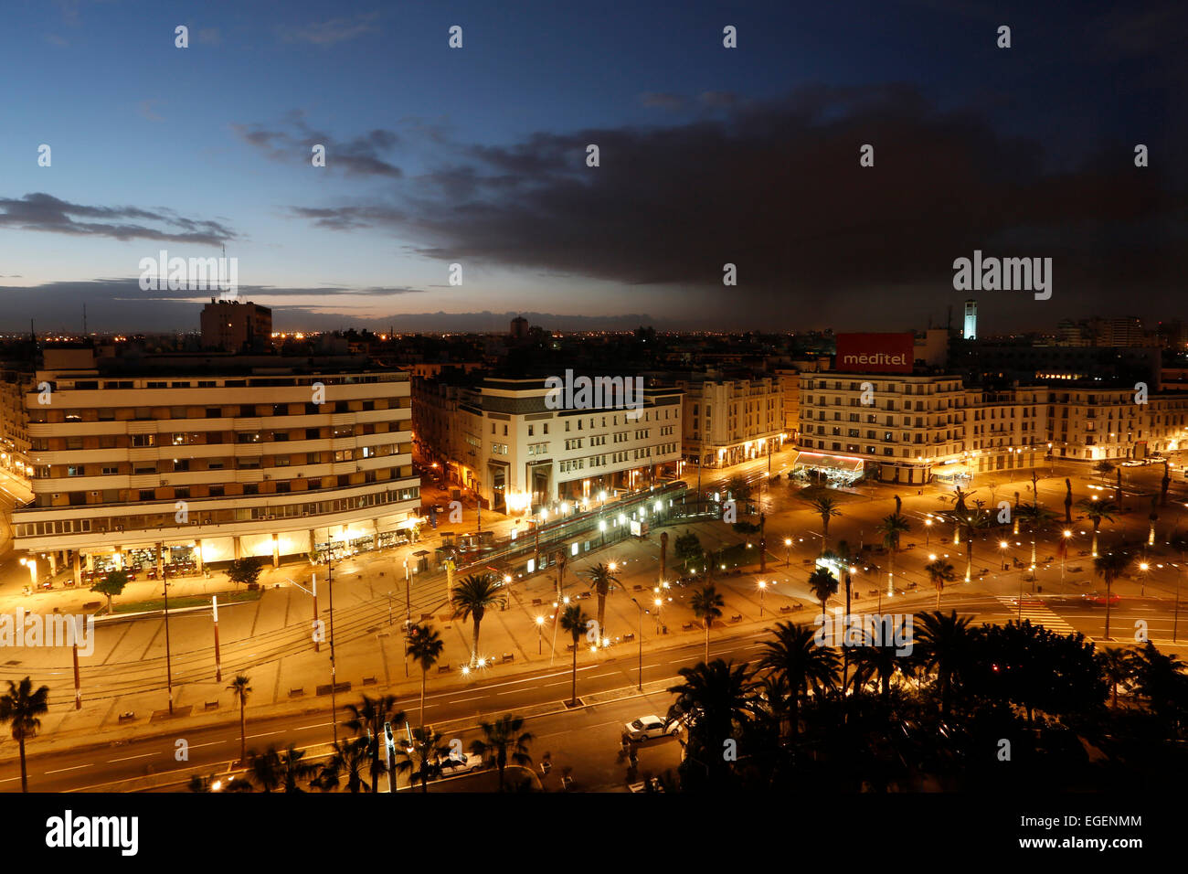 Evening atmosphere at Place des Nations Unies, Casablanca, Morocco Stock Photo