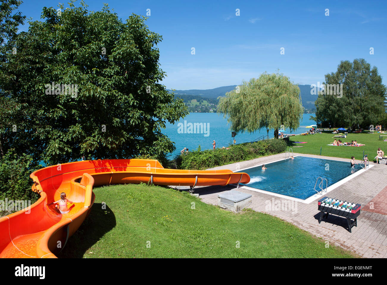 Water slide at a lido, Attersee lake, Steinbach am Attersee, Salzkammergut, Upper Austria, Austria Stock Photo
